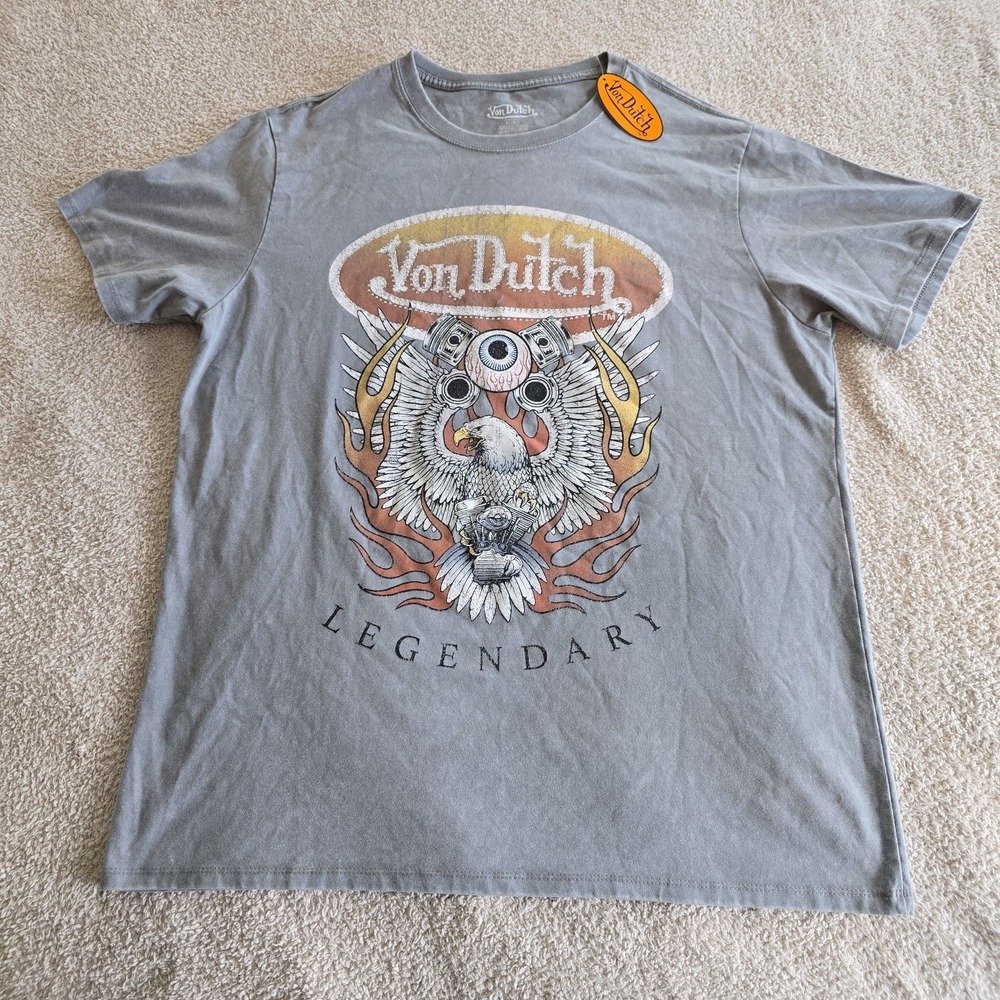 Von Dutch Legendary Mens T-shirt Sz XL Eagle Flames Eyeball Embellished Gray NWT